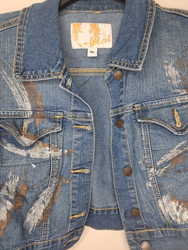 Crest Jeans Cropped Blue Denim Jacket XL Metallic Paint Splashed Silver and Gold - Picture 5 of 15