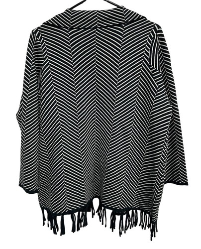 Adrienne Vittadini NWT Black White Striped Fringe Open Front Cardigan Jacket 1X - Picture 2 of 9