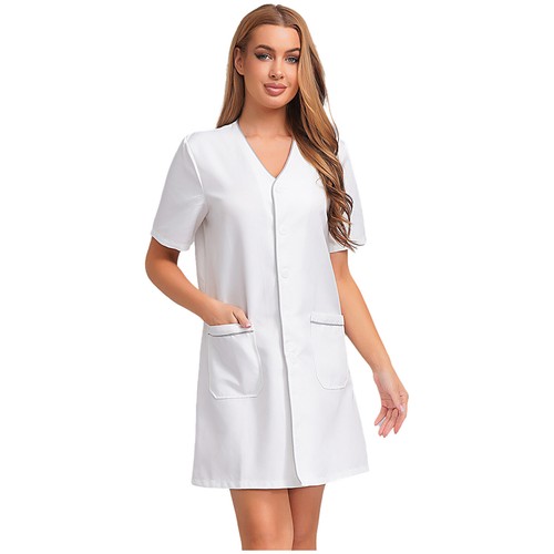  Women Casual Solid Color Short Sleeve Nurse Working Uniform Dress with Pocket  - Imagen 31 de 60