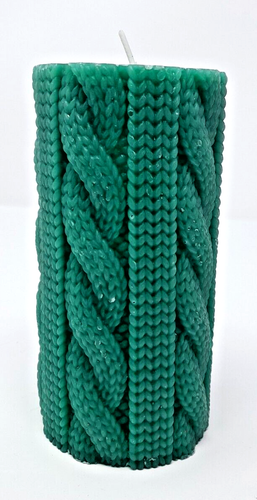 Set of 2 Green Velvet Scented Knit Sweater Pillar Candle (One 4"x3" + one 6"x3") - Picture 3 of 4