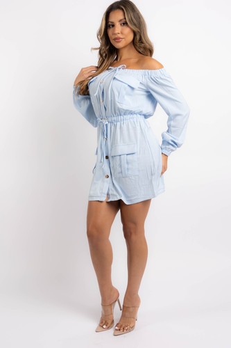 Women's Off Shoulder Cargo Mini Dress Tie Waist Buttons Long Sleeve Blue XS - 3X - Picture 3 of 12