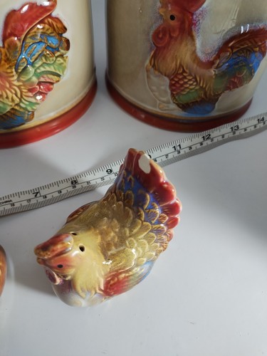 Vintage -Rooster Chicken Glazed Pottery Canisters Set of 3 W Soap Disp SP Shaker - Picture 8 of 15