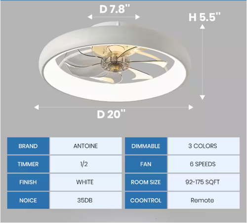 ANTOINE 20 in. LED Indoor White Low Profile Ceiling Fan w/ Remote & App Control - Picture 2 of 12