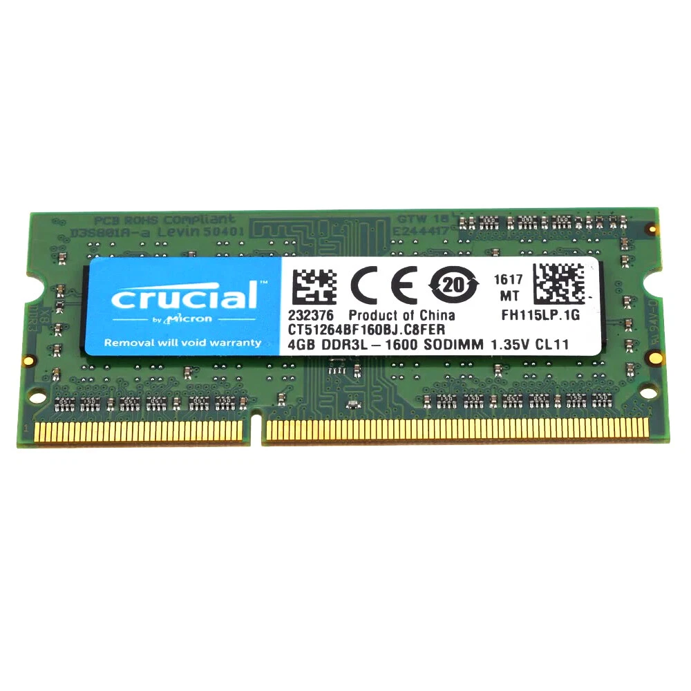 Crucial 4GB 1600MHz DDR3L SODIMM RAM PC3L-12800 204-Pin 1.35V CL11 Laptop  Memory