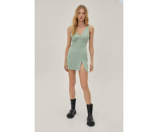 NWT Nasty Gal Plunging V-Neck Mini Dress High Waistline Sage Green Sz 8 Stretch