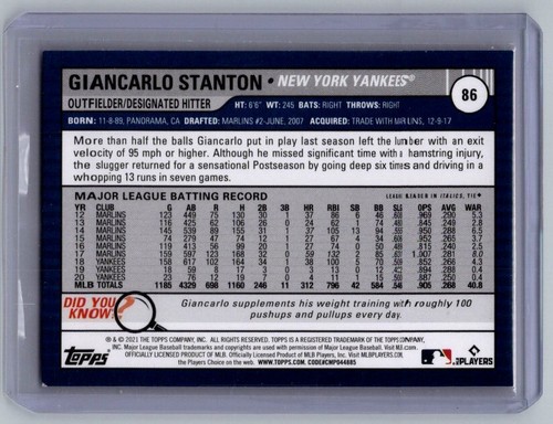 2021 Topps Big League Giancarlo Stanton #86   Orange - Picture 2 of 2