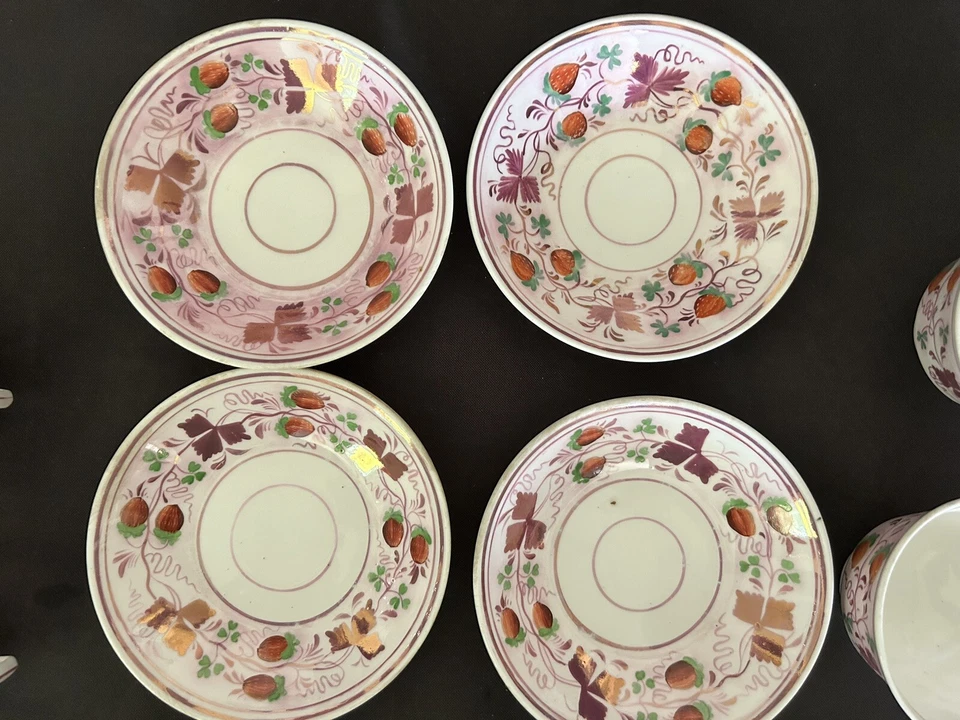 4 platillos de taza de fresa Staffordshire Pearlware inglés siglo XIX rosa lustre Foto 3 de 4