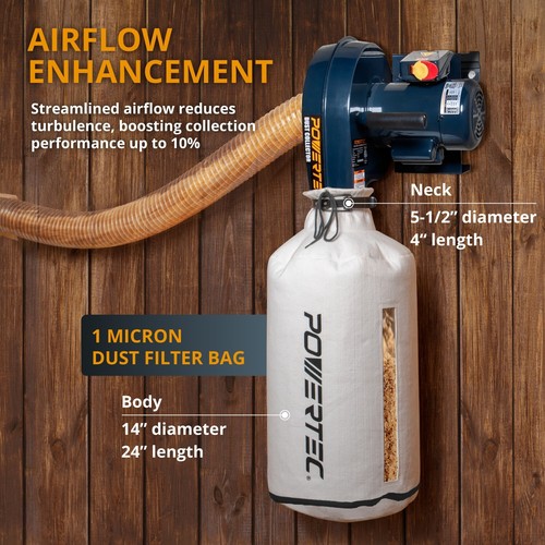 POWERTEC Wall Mounted 1 HP, 560 CFM Dust Collector with 1 Micron Filter Bag - Picture 3 of 7
