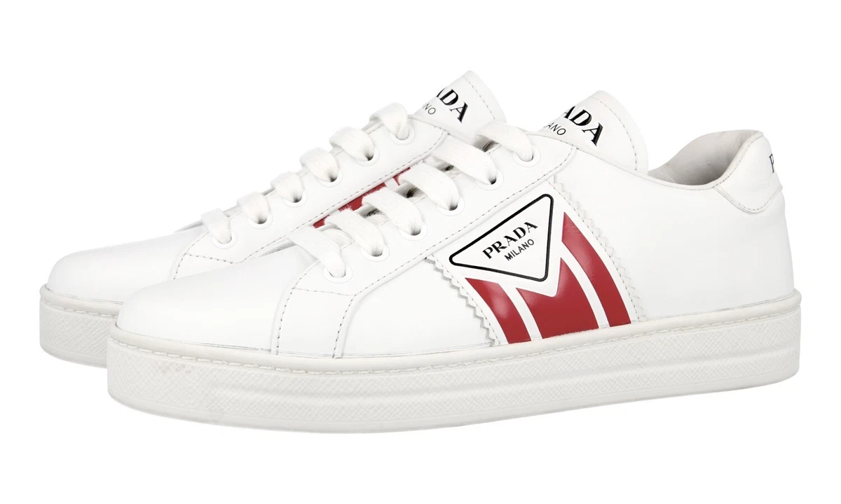 PRADA Leder Downtown Sneaker Schuhe 1E125M Weiss Rote Streifen NEU - 37
