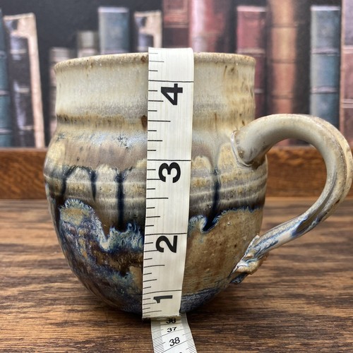 Handmade Pottery 12oz Mug Art Signed Speckled Pottery Blue Drip Glaze - Picture 9 of 10