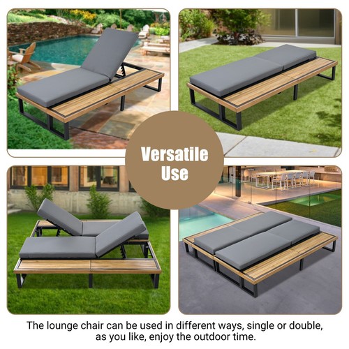 Acacia Wood Patio Outdoor Recliner Chaise Lounge Reclining Chair Pool Lounger - Picture 5 of 6
