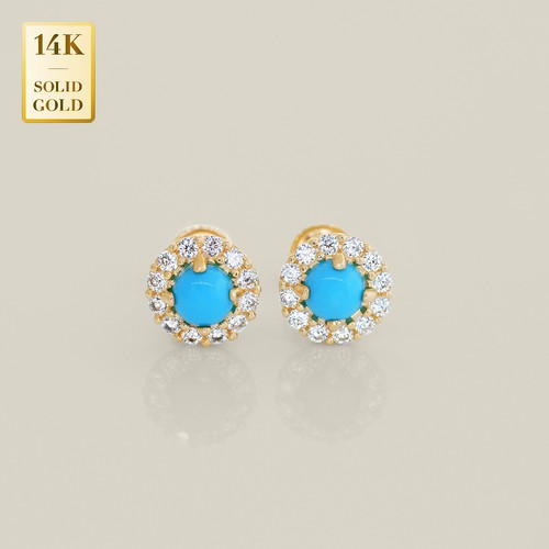 14K REAL Solid Gold Turquoise Stud Earlobe Earrings Ear Post Screw Back Piercing - Picture 1 of 2