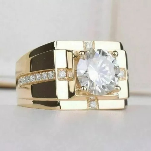 3.5CT Round Cut Lab Created Diamond Men's Engagement Ring 14k Yellow Gold Plated - Picture 2 of 4