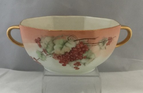 R S GERMANY Hand Painted Vines & Berries 2 Handled Octagon  Porcelain Bowl LOOK