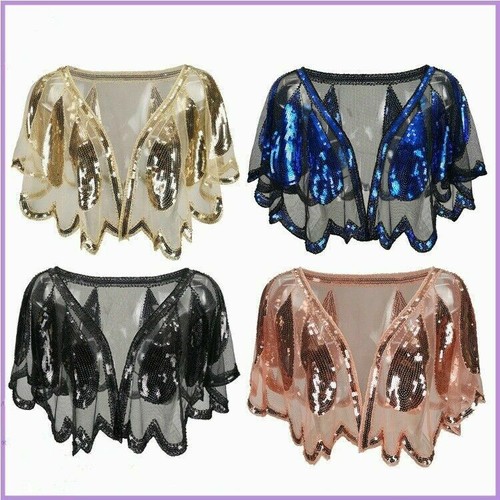 Lady Retro Sequin Cape Sheer Lace Shrug Bolero Shawl Evening Prom Cardigan Top - Picture 3 of 21