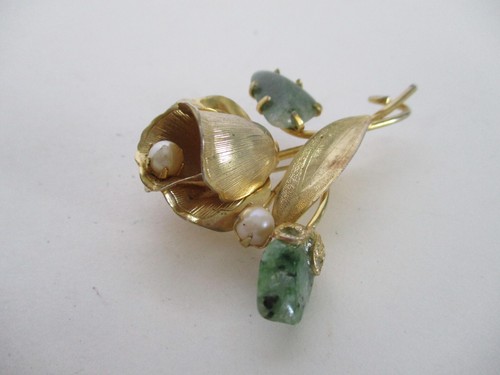 Vintage Gold Tone Rose Pin Faux Pearls & Jade Stones - Picture 2 of 12