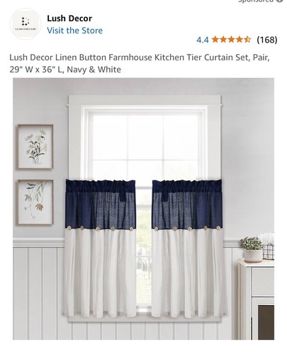 Lush Décor Two Kitchen Tiers Linen Button 29x24in Each Navy - Picture 5 of 11
