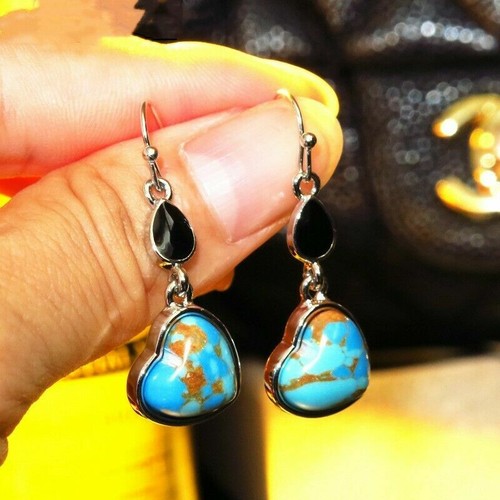 Cute New Silver Plated Black Onyx & Turquoise Heart Hook Dangle Drop Earrings - Bild 3 von 4