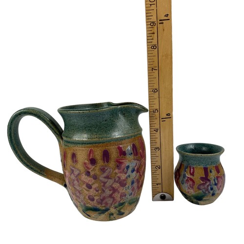 Kunstkeramik Krug mit Tasse signiert großer Griff grün abstrakt 24 Unzen klein 5,5 Zoll - Bild 9 von 12