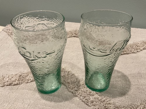 2 Vintage Coca-Cola Green Pebbled Drinking Glasses Wide Mouth Opening coke - Picture 6 of 6