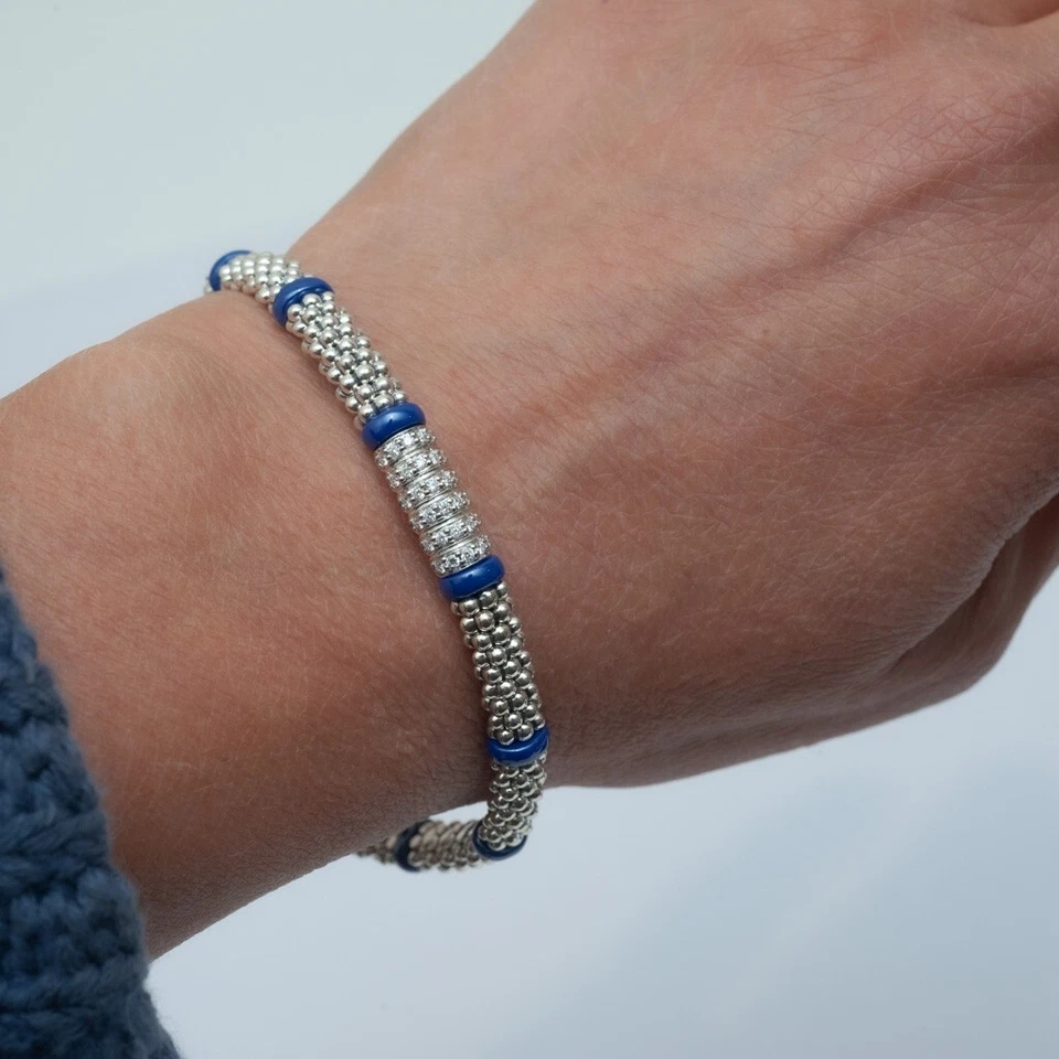  LAGOS Nuevo Brazalete Cuerda Plata y Azul Caviar Diamante Marino 6mm 7" Foto 2 de 4