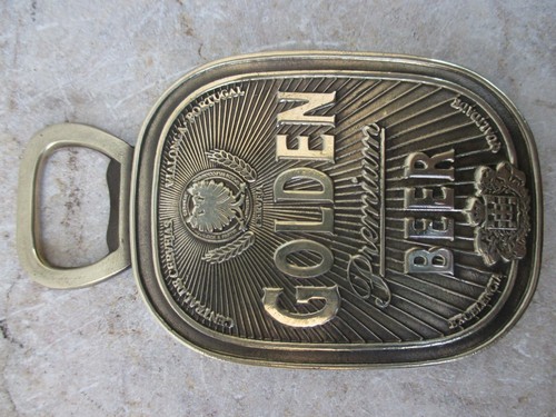 VINTAGE IN BRASS BEER BOTTLE OPENER WITH ADVERTISING GOLDEN PREMIUM BEER - Picture 3 of 10