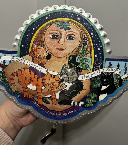 Signiertes Studio Jorn Metall Katze Wandrelief - "Frau der Katzenminze Herde" - Vintage - Bild 3 von 9