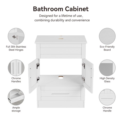Tocador de baño de 24" con lavabo de vidrio con grifo desagüe emergente moderno blanco - Imagen 16 de 64
