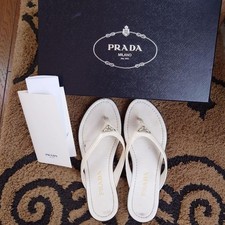 Auth PRADA White Leather Flip Flop Sandals Size 36 w/Box Manual Italy