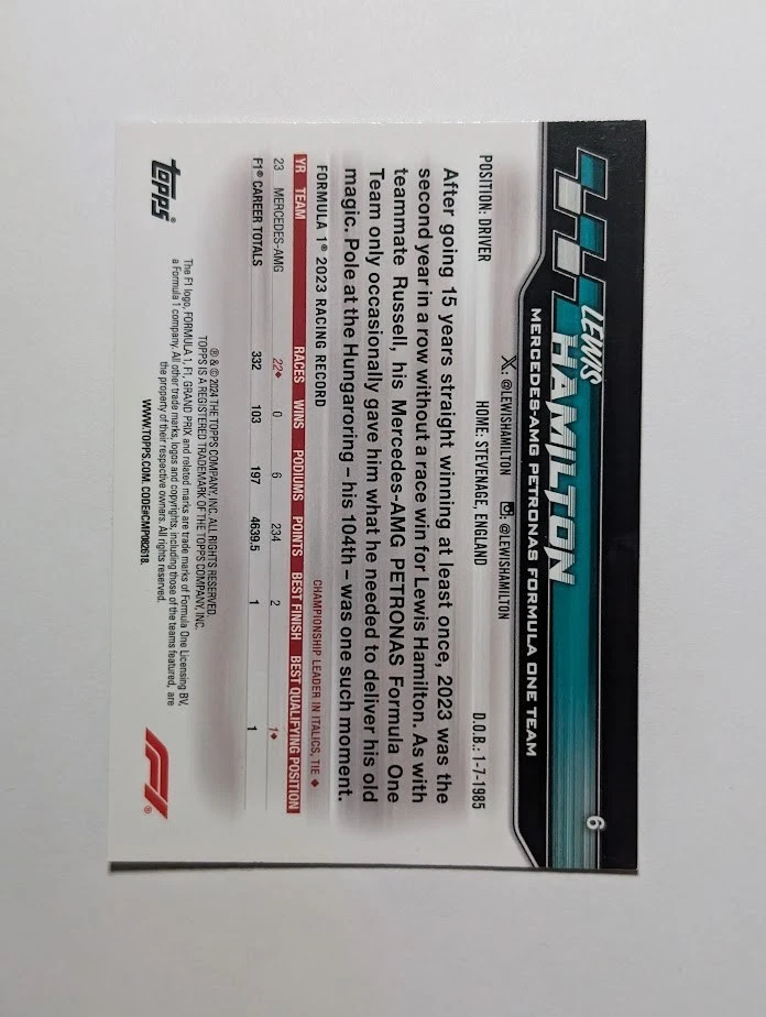 2024 Topps Paddock Pass Formula 1 Lewis Hamilton Blue Chrome Refractor #6 - Image 2 of 2