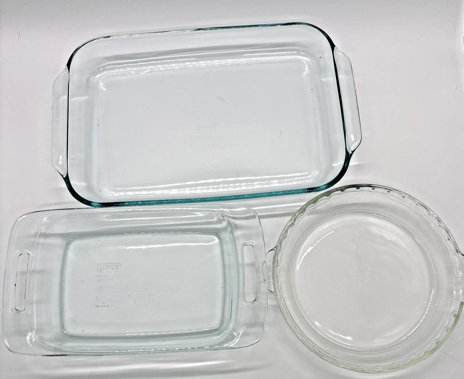 PYREX 3 Clear Glass Loaf Pan # 234 4.8qt, 2qt 7”x11” Baking Dish, Pie #229 USA