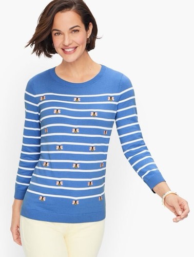 Talbots Blue and White Stripe EMBROIDERED BEE CREWNECK SWEATER Size XL