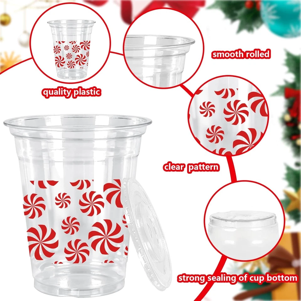 50 Piezas Tazas de Plástico Desechables de Navidad con Tapas y Pajitas 12 OZ Caramelo Rojo Ca Foto 3 de 4