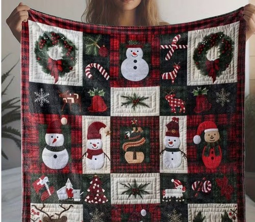 Weihnachten Schneemann & Urlaub Patchwork Fleece Überwurf Decke 30x40 - Nickerchen oder Schoß - Bild 2 von 5