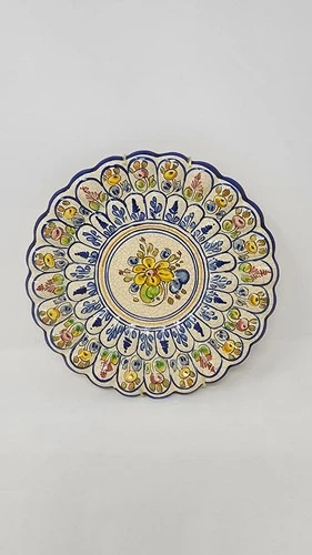 Vintage Talavera Wall Plate Hand Painted Ceramic 9” Blue Yellow Floral Spain