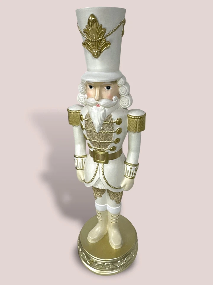 Soldatino Goodwill Schiaccianoci Statuina Natalizia Base Crema Oro Natale 78cm - Immagine 2 di 4