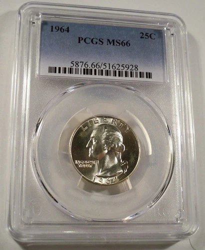 1964 PCGS MS66 WASHINGTON QUARTER 25c VERY WHITE SILVER MS 66