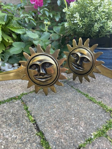 Vtg Solid Brass Celestial Design Sun Matched Pair Curtain Tie Backs 1990s - Picture 4 of 24