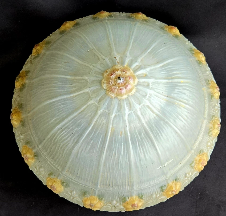 Lámpara de araña grande de vidrio esmerilado y metal con estampado floral Art Nouveau de 14,5" W Foto 3 de 4