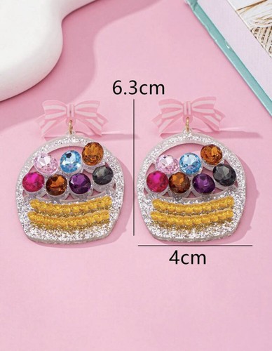 Colorful Easter Basket Stud/Dangle Earrings (2.5” Long/1.6” Wide) - Picture 4 of 4
