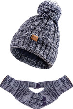 Women Winter Knit Warm Hat Beanie Gloves Set Pom Fleece Lined Hat with Touchscre