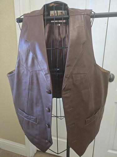 Vtg 90s Saguaro West Vest Size Large Brown Leather Western Cowboy Button Front - Picture 2 of 6
