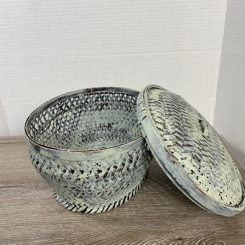 Cesto contenitore ovale bambù con coperchio tessuto verde vintage alto 6" - Foto 5 di 13