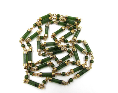 Jade Chinese Export  Bamboo Cylinder Station Necklace  Gold Plated 36'' Vintage