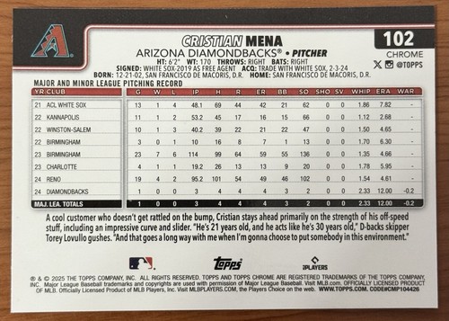 CRISTIAN MENA RC 2025 Topps Chrome PRISM #102 Arizona Diamondbacks Baseball Card - Picture 2 of 2