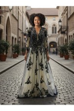 Gothic Black  Cream Wedding Dress 3/4 Sleeve V Neck Lace Applique