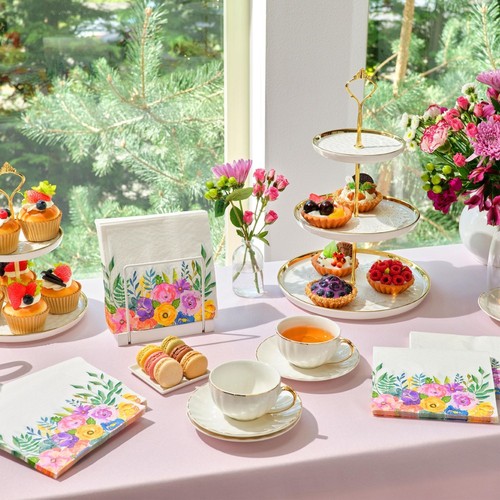 100 Pack Floral Paper Napkins Disposable for Bridal Shower, Birthday, 6.5 In - Picture 5 of 7