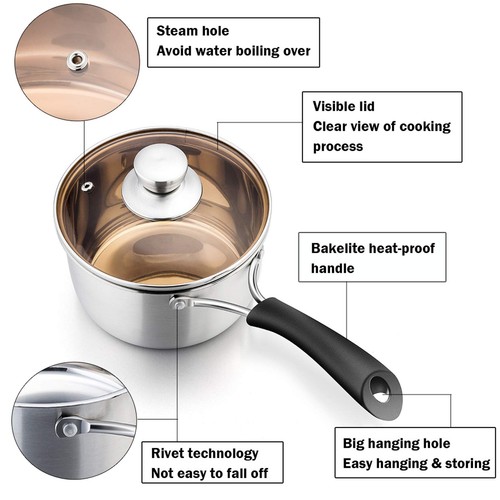 1 Quart Saucepan, Stainless Steel Saucepan with Lid, Small Sauce Pan for Home... - Picture 3 of 8