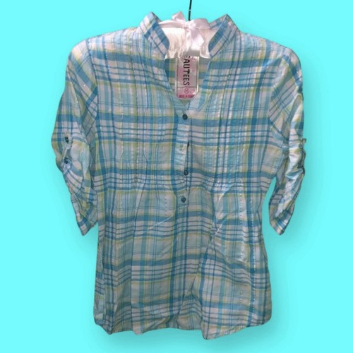 Y2K Beautees Blue Plaid Girls Top with Silver Metallic Accents Size M - Picture 1 of 3