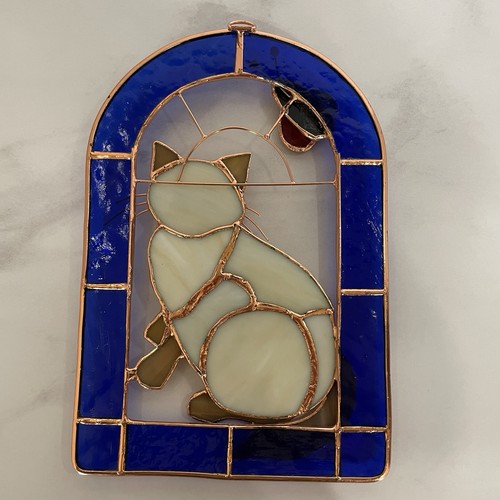 Stained Glass Sun Catcher CAT & LADYBUG Rose/Cooper Colored Leading Blue Border - Picture 2 of 8